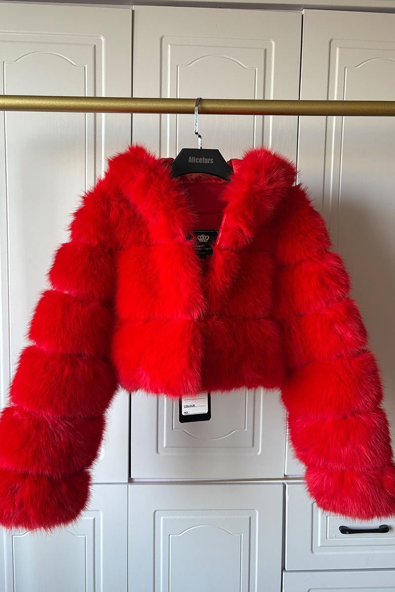 Chaqueta corta de piel sintética con capucha para mujer