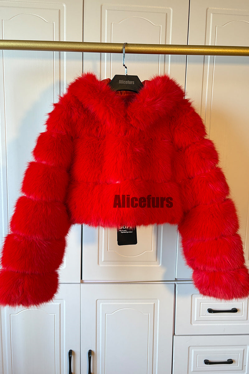 Chaqueta corta de piel sintética con capucha para mujer