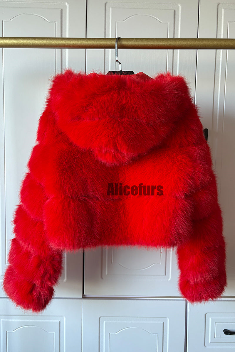 Chaqueta corta de piel sintética con capucha para mujer