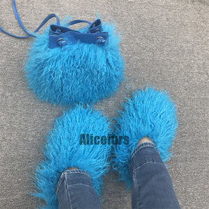 curly faux fur slippers with matching bucket bag in blue Alicefurs