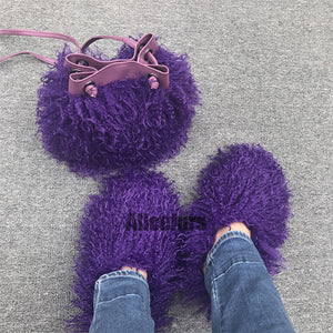 curly faux fur slippers with matching bucket bag in purple Alicefurs
