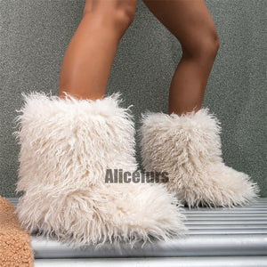 curly faux lamb fur boots for women in beige 2 Alicefurs