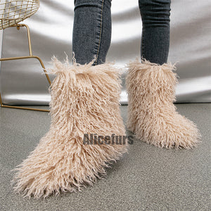 curly faux lamb fur boots for women in desert sand color 1 Alicefurs