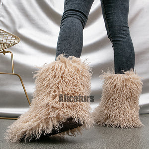 curly faux lamb fur boots for women in desert sand color 2 Alicefurs