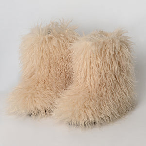 curly faux lamb fur boots for women in desert sand color 3 Alicefurs