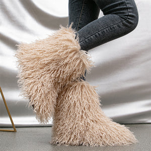 curly faux lamb fur boots for women in desert sand color Alicefurs