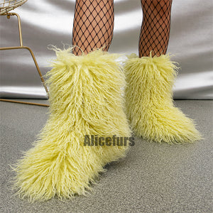 curly faux lamb fur boots for women in lime green 1 Alicefurs