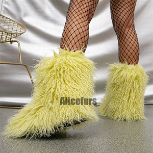 curly faux lamb fur boots for women in lime green 2 Alicefurs