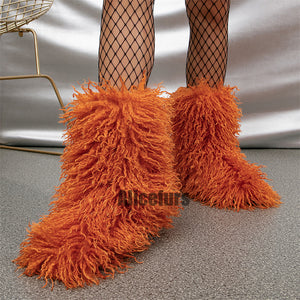curly faux lamb fur boots for women in orange 1 Alicefurs