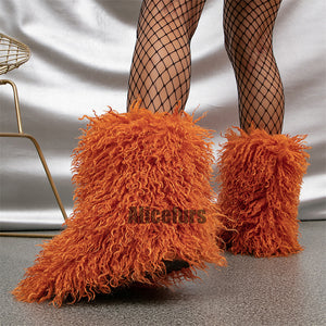 curly faux lamb fur boots for women in orange 2 Alicefurs