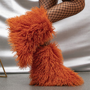 curly faux lamb fur boots for women in orange Alicefurs