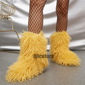 curly faux lamb fur boots for women in yellow 1 Alicefurs