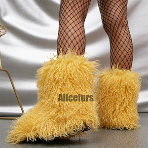 curly faux lamb fur boots for women in yellow 2 Alicefurs