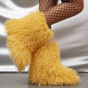 curly faux lamb fur boots for women in yellow Alicefurs