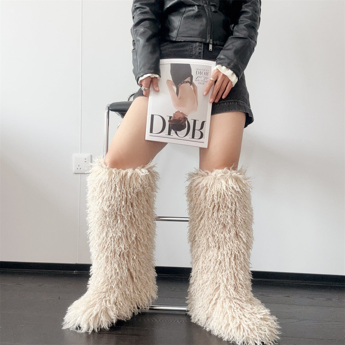 Curly Knee High Fur Boots for Women
