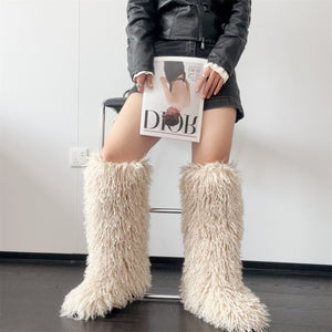curly knee high fur boots for women in beige 8 Alicefurs