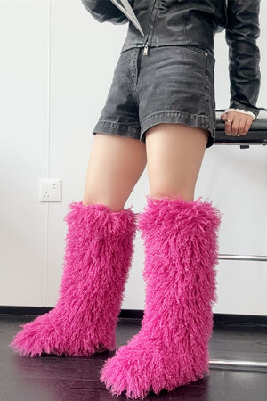 curly knee high fur boots for women in hot pink 1 Alicefurs