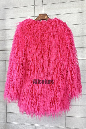 curly lamb fur jacket shaggy collarless fluffy coat for women in fuchsia 1 Alicefurs