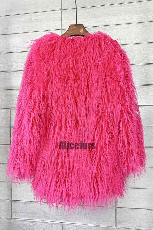 Curly Lamb Fur Jacket Shaggy Collarless Fluffy Coat for Women