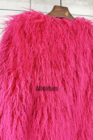 curly lamb fur jacket shaggy collarless fluffy coat for women in fuchsia 2 Alicefurs