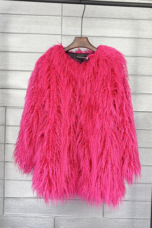 curly lamb fur jacket shaggy collarless fluffy coat for women in fuchsia Alicefurs