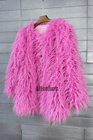 curly lamb fur jacket shaggy collarless fluffy coat for women in hot pink 1 Alicefurs