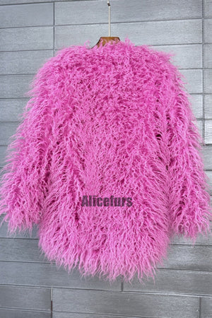 curly lamb fur jacket shaggy collarless fluffy coat for women in hot pink 2 Alicefurs