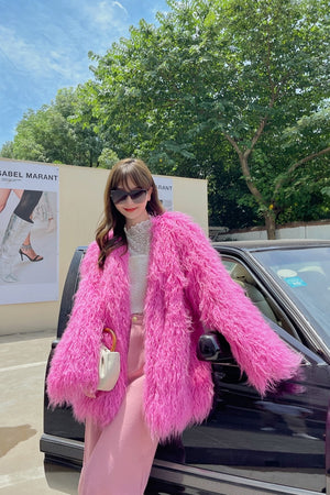 curly lamb fur jacket shaggy collarless fluffy coat for women in hot pink 3 Alicefurs