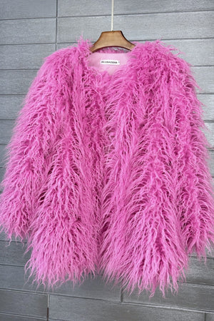 curly lamb fur jacket shaggy collarless fluffy coat for women in hot pink Alicefurs