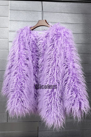 curly lamb fur jacket shaggy collarless fluffy coat for women in lavender 1 Alicefurs