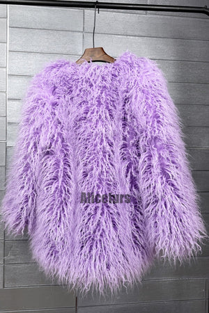 curly lamb fur jacket shaggy collarless fluffy coat for women in lavender 2 Alicefurs