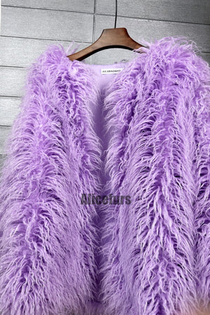 curly lamb fur jacket shaggy collarless fluffy coat for women in lavender 3 Alicefurs