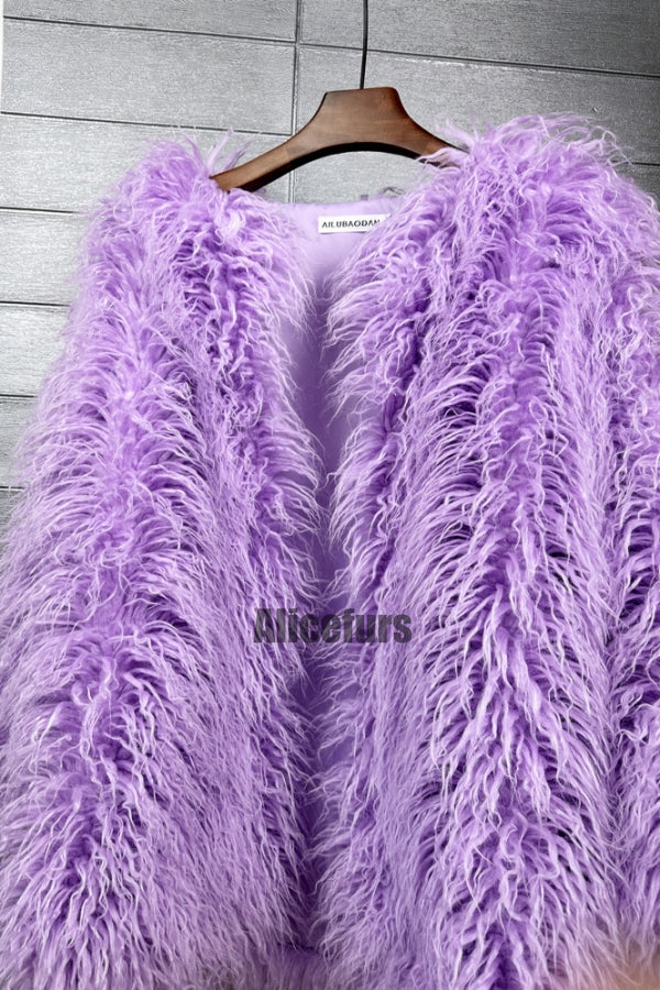 Curly Lamb Fur Jacket Shaggy Collarless Fluffy Coat for Women