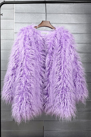 curly lamb fur jacket shaggy collarless fluffy coat for women in lavender Alicefurs