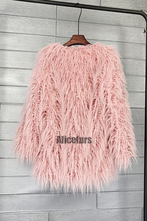 curly lamb fur jacket shaggy collarless fluffy coat for women in pink 1 Alicefurs