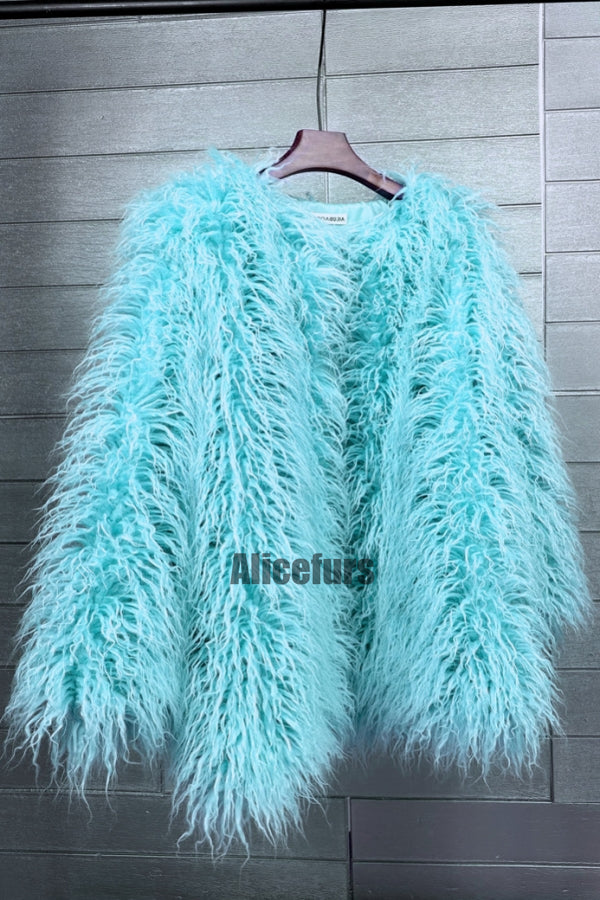 Curly Lamb Fur Jacket Shaggy Collarless Fluffy Coat for Women