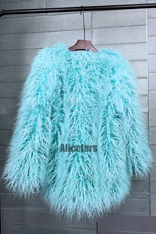 Curly Lamb Fur Jacket Shaggy Collarless Fluffy Coat for Women