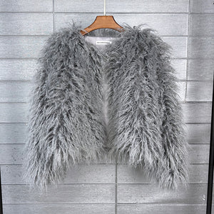 curly shearling jacket short faux fur outerwear for women in gray Alicefurs