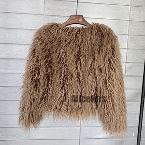 curly shearling jacket short faux fur outerwear for women in khaki 1 Alicefurs