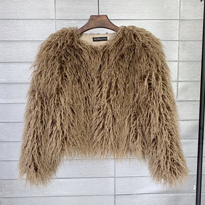 curly shearling jacket short faux fur outerwear for women in khaki Alicefurs