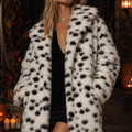 dalmatian coat winter long faux fur overcoat for women worn by a model front view 