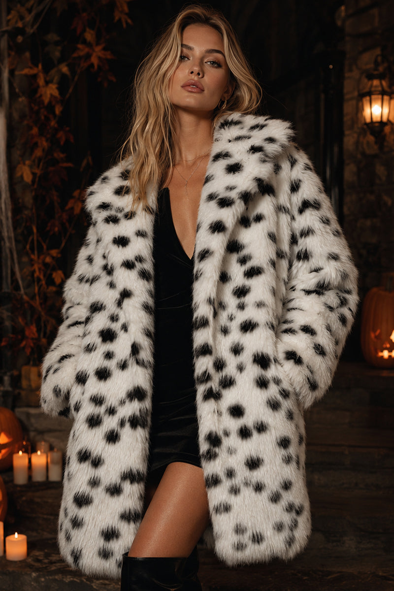 dalmatian coat winter long faux fur overcoat for women worn by a model front view 
