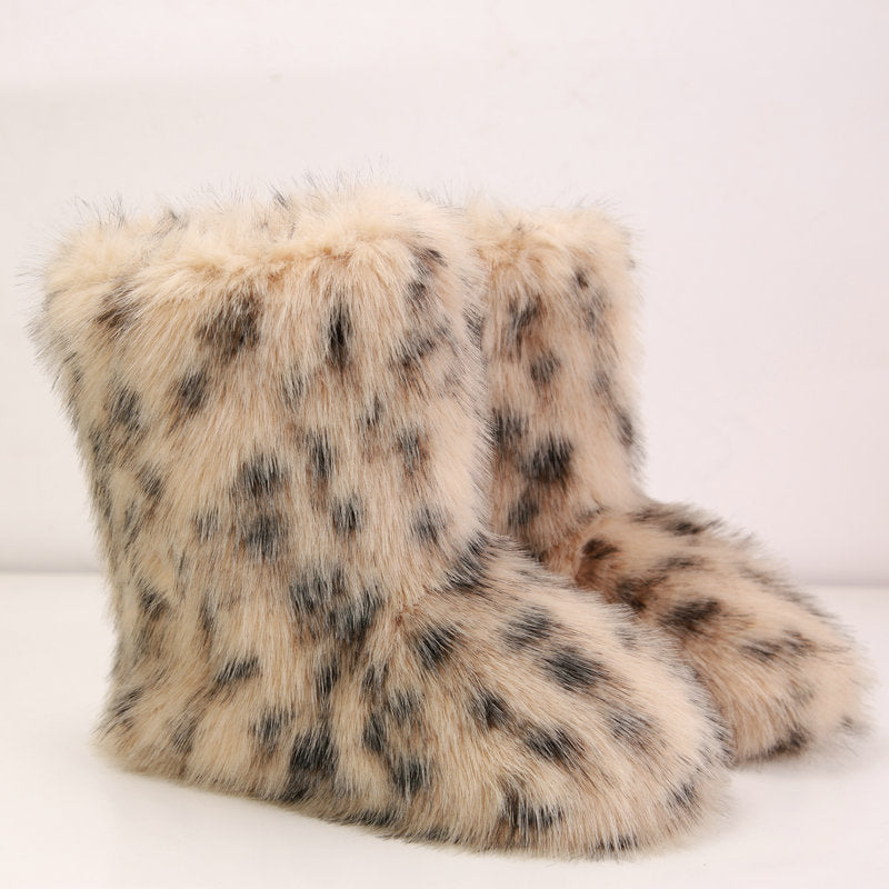 Dalmatian Faux Fur Boots Winter Fluffy Ankle Booties for Women