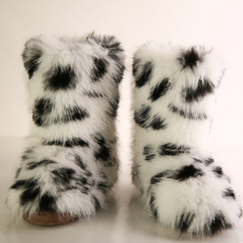Dalmatian Faux Fur Boots Winter Fluffy Ankle Booties for Women