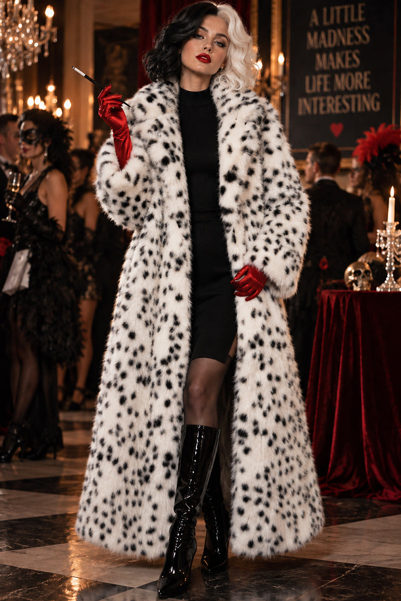 Dalmatian Faux Fur Coat Long Black and White Overcoat for Women
