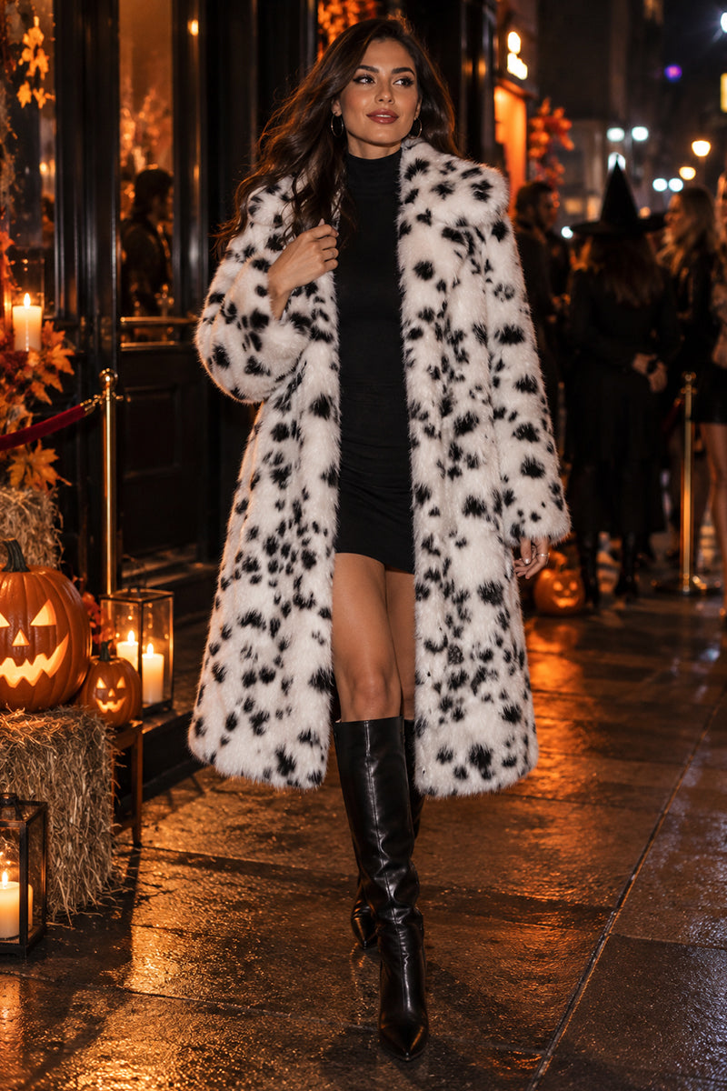 Dalmatian Faux Fur Coat Winter Long Fluffy Overcoat for Women