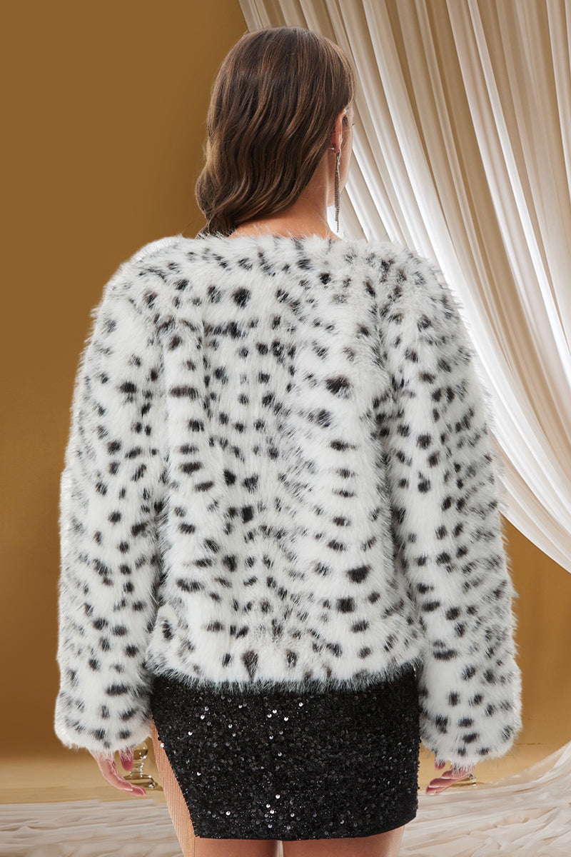 Dalmatian Faux Fur Jacket Short Collarless Fuzzy Outerwear for Women
