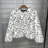 Dalmatian Faux Fur Jacket Short Collarless Fuzzy Outerwear for Women