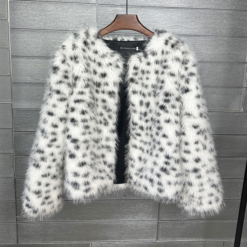 Dalmatian Faux Fur Jacket Short Collarless Fuzzy Outerwear for Women