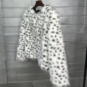 dalmatian faux fur jacket short collarless fuzzy outerwear for women 4 Alicefurs